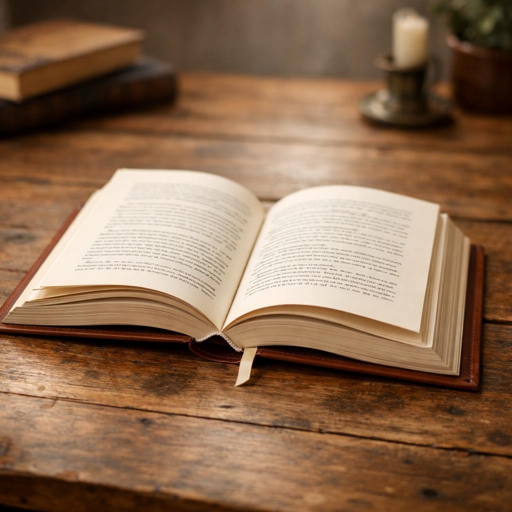 Open book with text lying on a rustic wooden surface